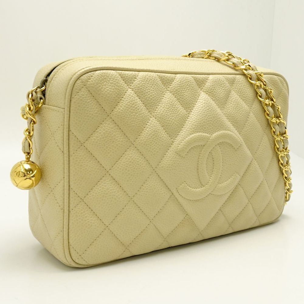 Chanel Chain Shoulder Bag Diagonal Matelasse Caviar Skin Ivory